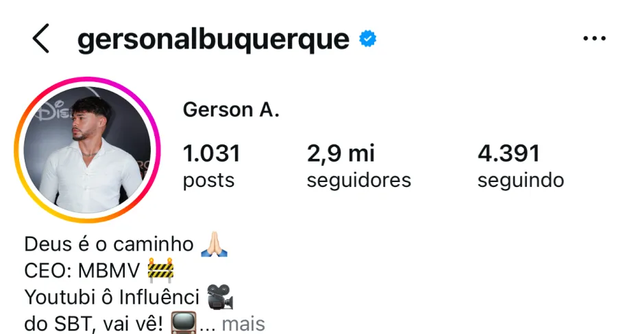 Perfil no Instagram de @gersonalbuquerque, cliente da HiWorld
