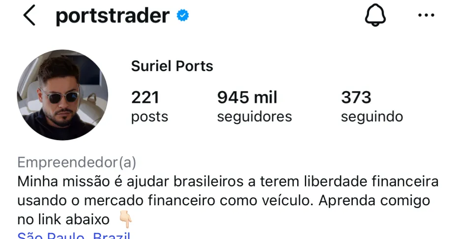 Perfil no Instagram de @portstrader, cliente da HiWorld
