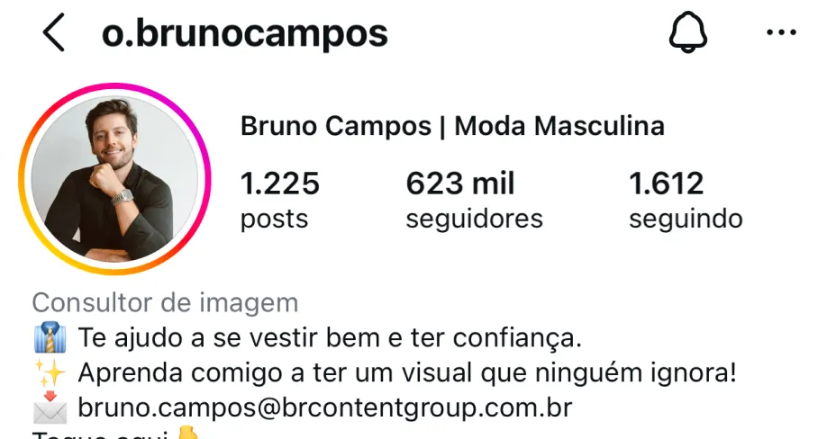 Perfil no Instagram de @o.brunocampos, cliente da HiWorld
